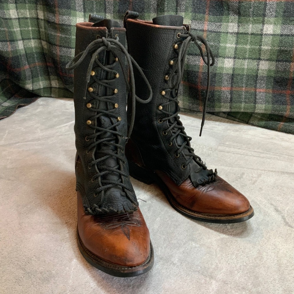 Abilene Packer Boots Brown Black Leather Lace Up Western Kiltie Size 8